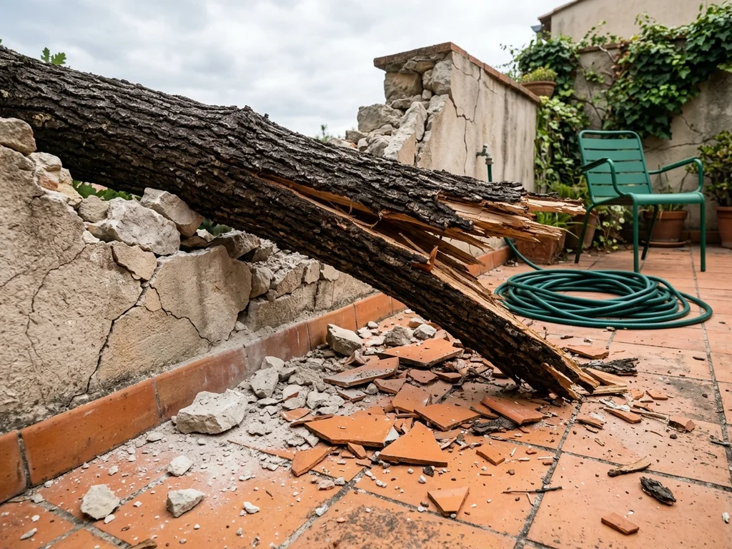 Branche d'arbre effondrée sur un mur mitoyen fissuré et une terrasse en terre cuite.
