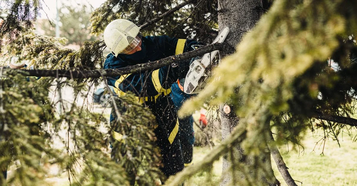 Pompier en tenue de protection utilisant une tronçonneuse pour couper des branches d'arbre à l'extérieur.