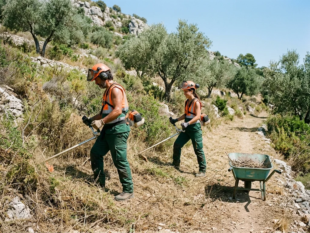 Professionnels débroussaillant un terrain méditerranéen pour assurer la mise en conformité incendie obligatoire.