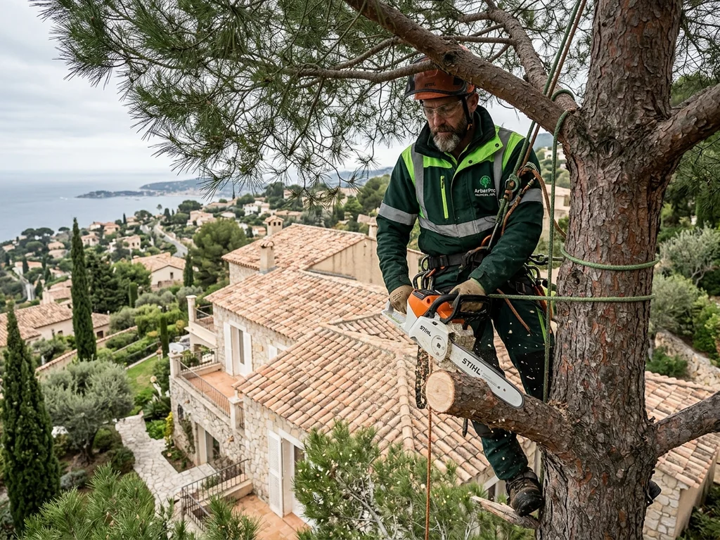 Démontage technique d'un pin par tronçons au-dessus d'une résidence pour un abattage urbain sécurisé.