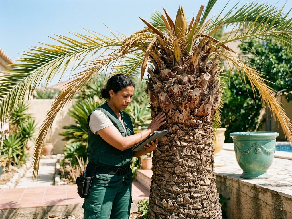 Palmier phénix dépérissant sous l'attaque du charançon rouge dans un jardin marseillais typique.