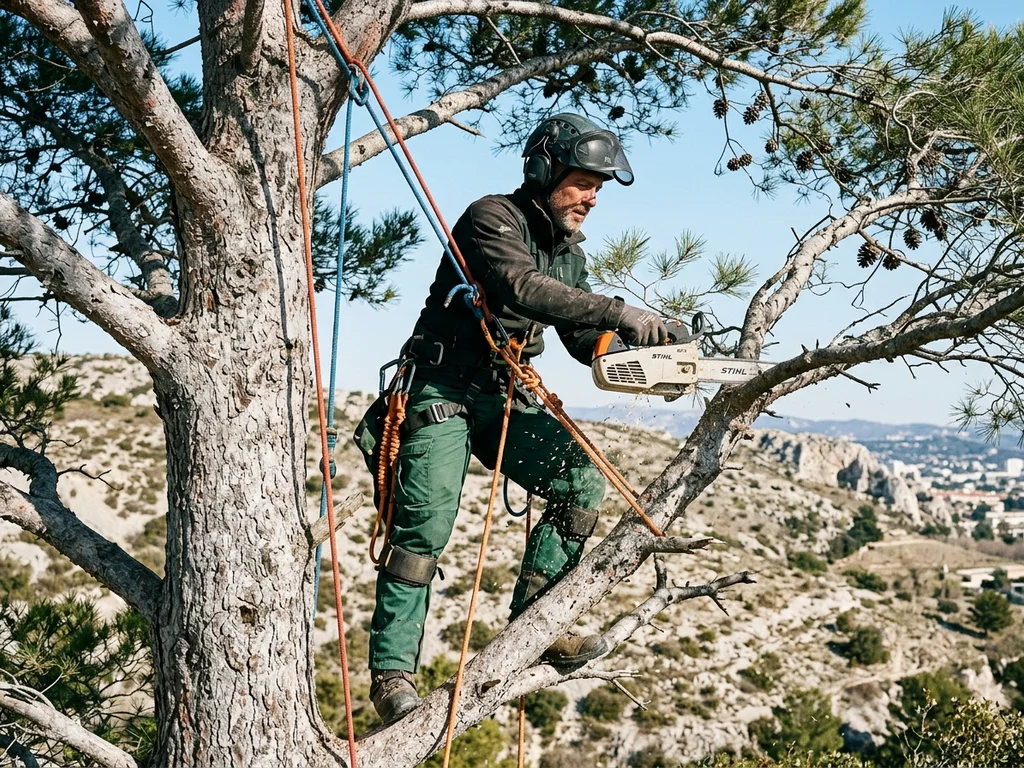 Arboriste-grimpeur taillant un pin d'Alep à La Valentine pour l'entretien arboré du 11e.