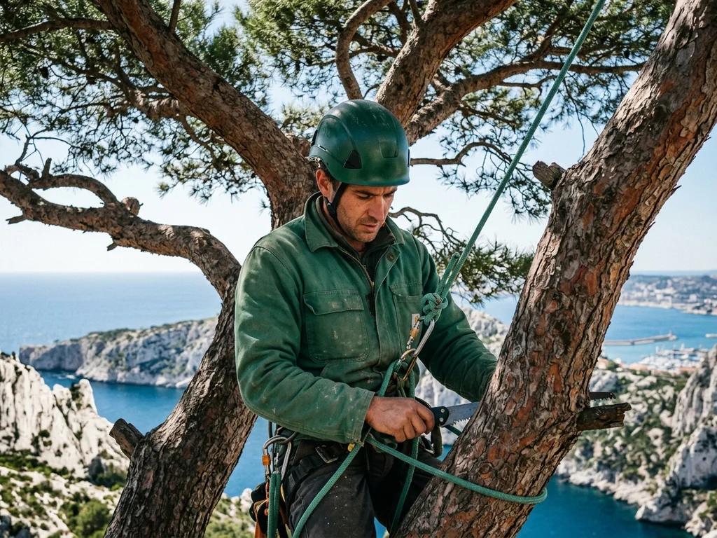 Un arboriste-grimpeur élague un pin parasol iconique face aux falaises calcaires de Marseille.