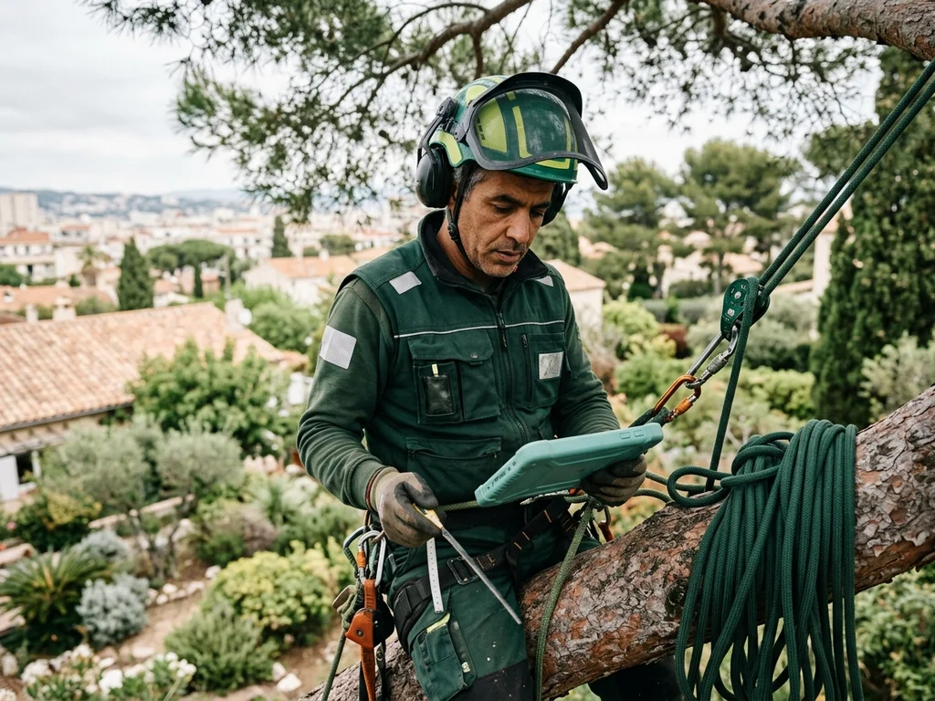 Élagueur à Marseille mesurant un arbre pour fournir un tarif d'élagage précis et transparent.