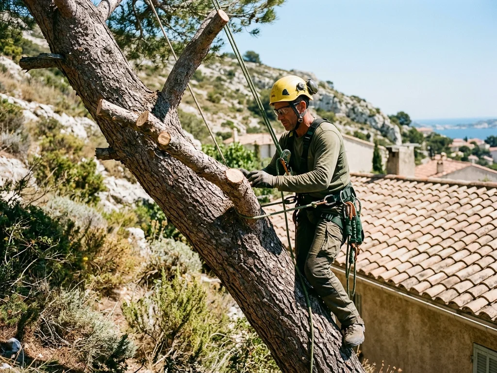 Élagueur sécurisant un pin incliné au-dessus d'une toiture sur une colline escarpée à Marseille.