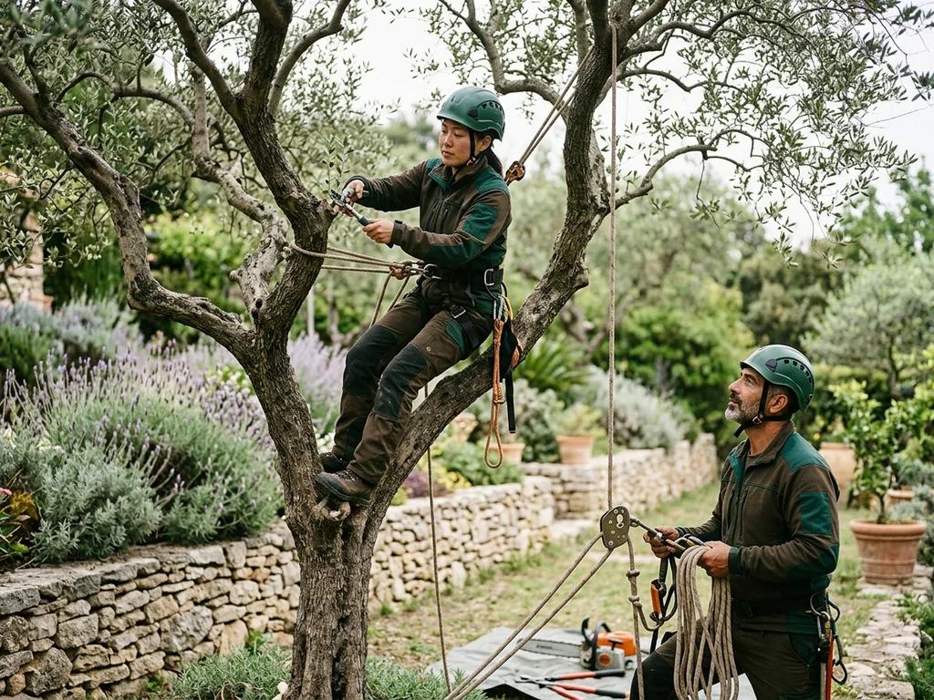 Élagueurs professionnels en intervention sur un olivier dans le quartier des Olives à Marseille 13e.
