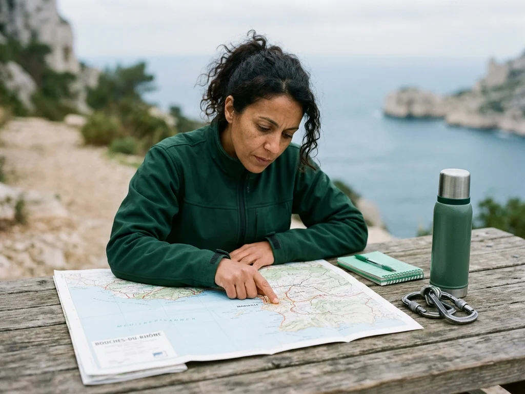 Une élagueuse étudie une carte des Bouches-du-Rhône pour planifier ses interventions à Marseille.