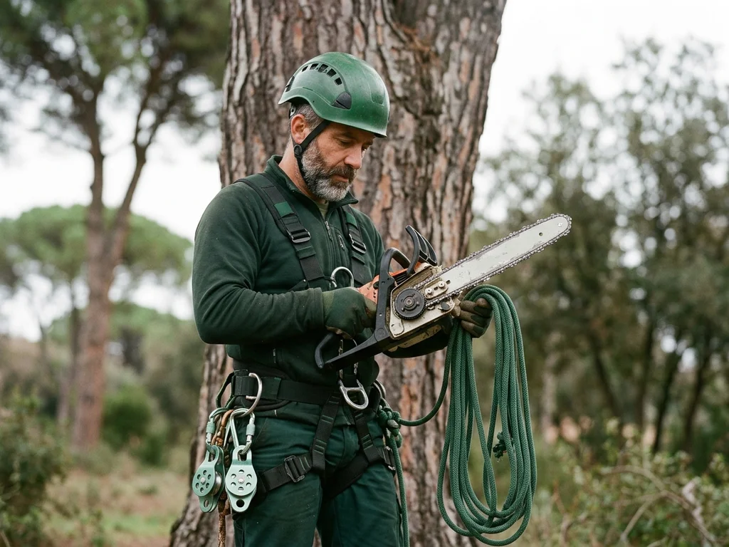 Un grimpeur vérifie son harnais et sa tronçonneuse certifiés pour sécuriser l'abattage d'un arbre.