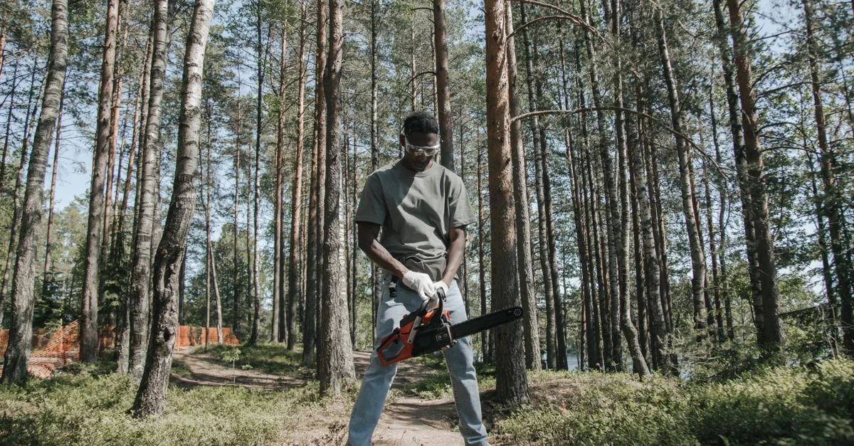 Homme afro-américain utilisant une tronçonneuse dans un environnement forestier.