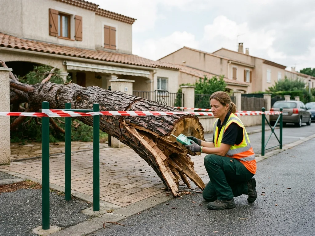 Pin d'Alep déraciné bloquant un accès, illustrant une urgence arboricole critique après une tempête.